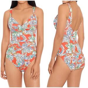 Lauren Ralph Lauren NWT Multi Paisley Surplice OTS One Piece Swimsuit Size 16